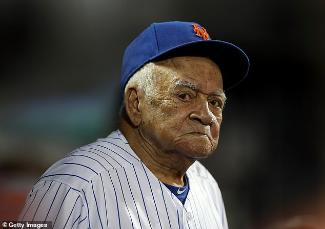 Ozzie Virgil Sr watches from the dugout in the fifth inning during the game between the New York Mets and the Atlanta Braves on September 26, 2018