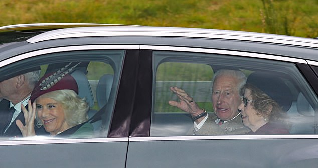 The King and Queen smiled at well-wishers along their route to Crathie Kirk near Balmoral this morning as the couple attended Sunday service