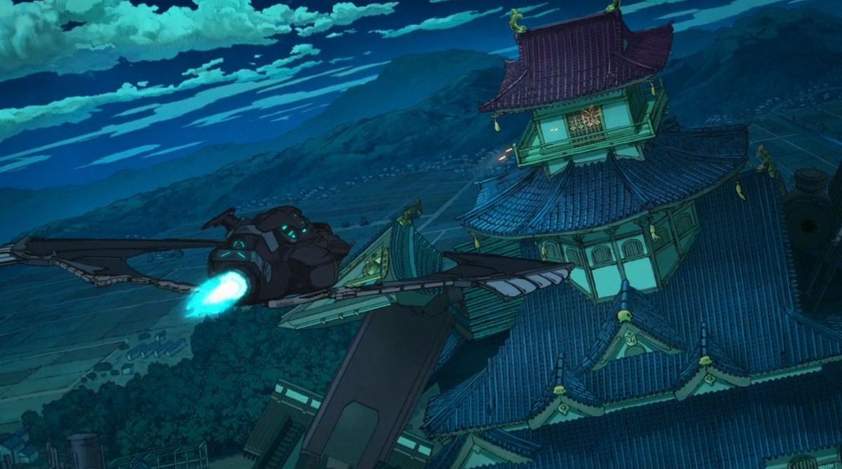 A bat-shaped fighter jet with mechanized arms flies toward a Japanese palace in Batman Ninja.