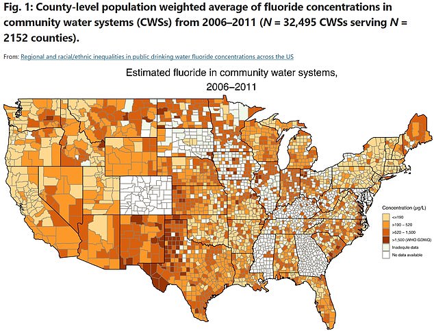 The map above shows estimated fluoride concentrations in community water systems between 2006 and 2011. It was published in 2023. Counties colored red have more than double the recommended fluoride level in their water