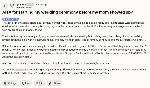 A woman was left disheartened after she had to continue her wedding ceremony without her mother present because her mother did not arrive on time