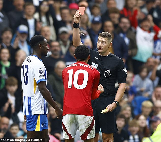 Nottingham Forest midfielder Morgan Gibbs-White was sent off against Brighton on Sunday