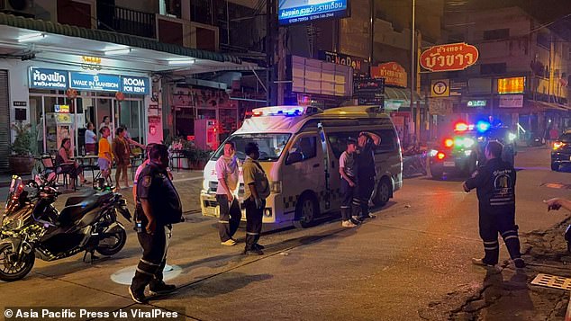 The scene after the incident shows emergency services outside the hotel after medics were called to the scene at around 4:30 am local time