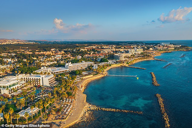 The 56-year-old, who was staying with a group of friends at a villa in Pegeia near Paphos (pictured), is believed to have slipped as he jumped from the ledge