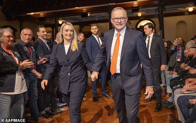 When asked about the speech, Mr Albanese (pictured with his partner Jodie Haydon) highlighted the points his government has in common with the Business Council of Australia