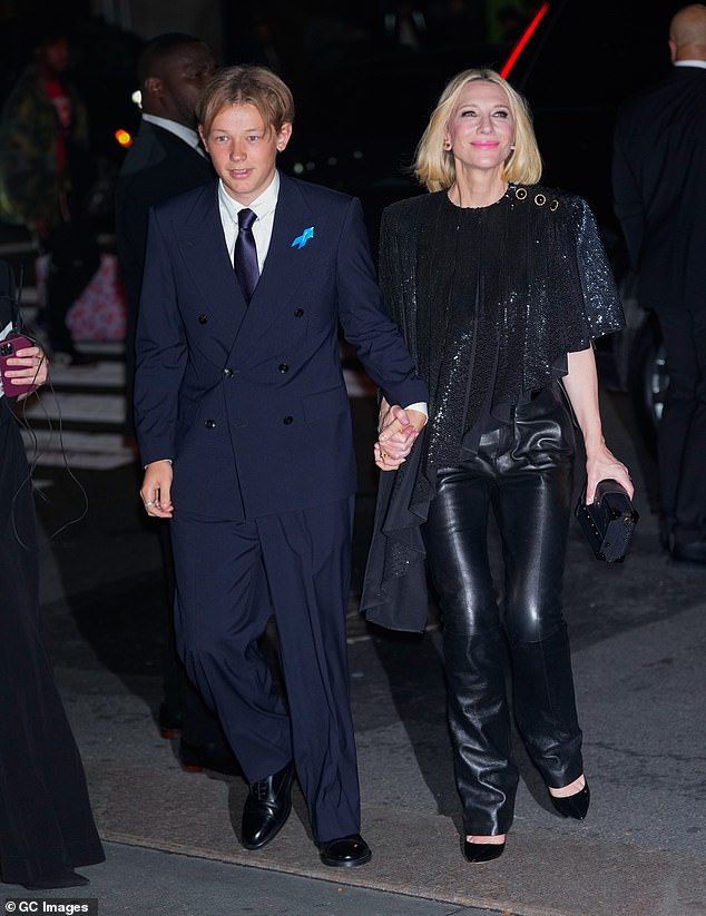 Cate Blanchett held hands with her son Dashiell, 22, as the pair made a rare public appearance at The 2024 Albies, hosted by The Clooney Foundation for Justice, in New York on Thursday.