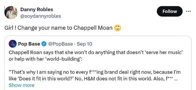 The rising entertainer has developed a reputation as a whiner, with one fan on X hilariously suggesting she change her name to 'Chappell Moan'