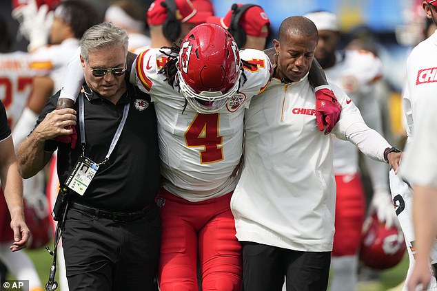 Kansas City Chiefs wide receiver Rashee Rice was carted off the field during Sunday's game