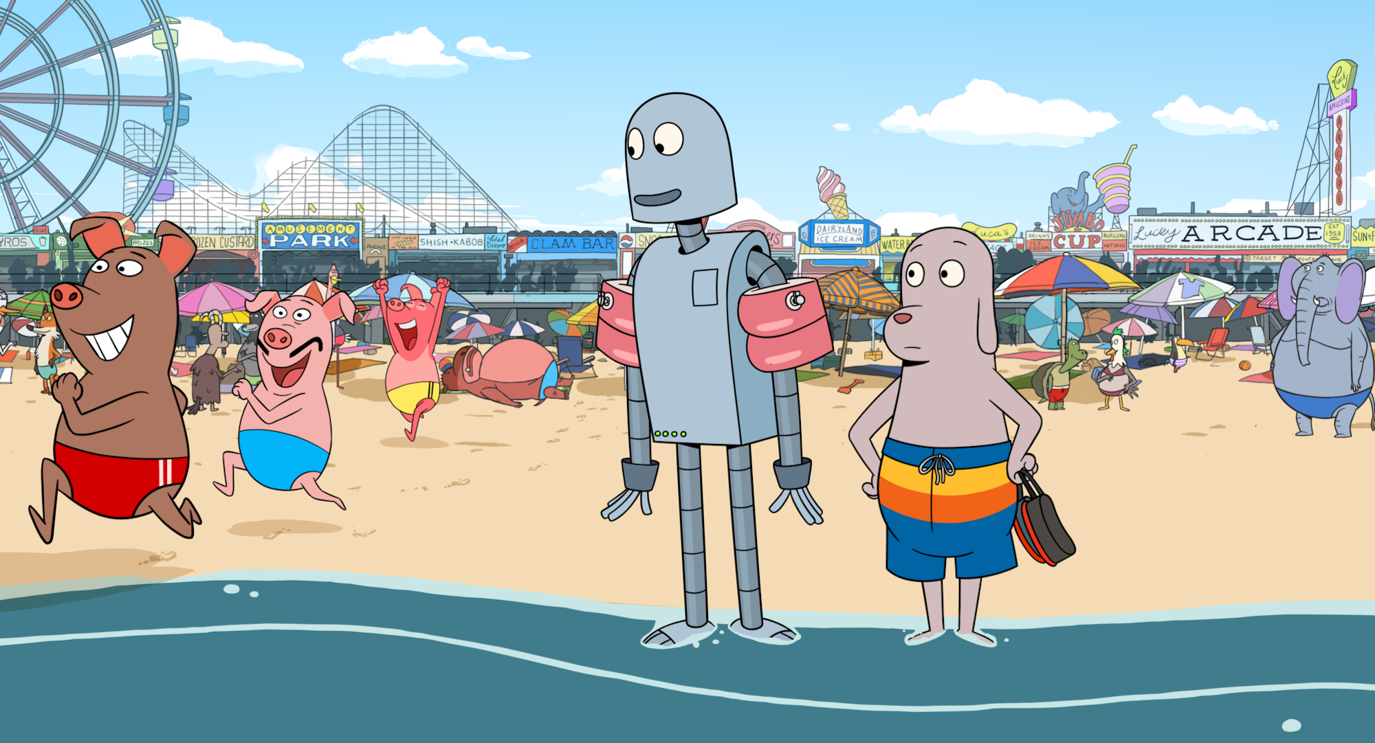 Dog and Robot on the Beach — amusement park rides and restaurants on the boardwalk are visible behind them. They watch as three pigs in bathing suits run to the water in Robot Dreams. 