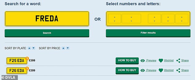 You can use the DVLA search function to search for a word or a combination of numbers and letters. For example, enter your name and the search function will give you the nearest match