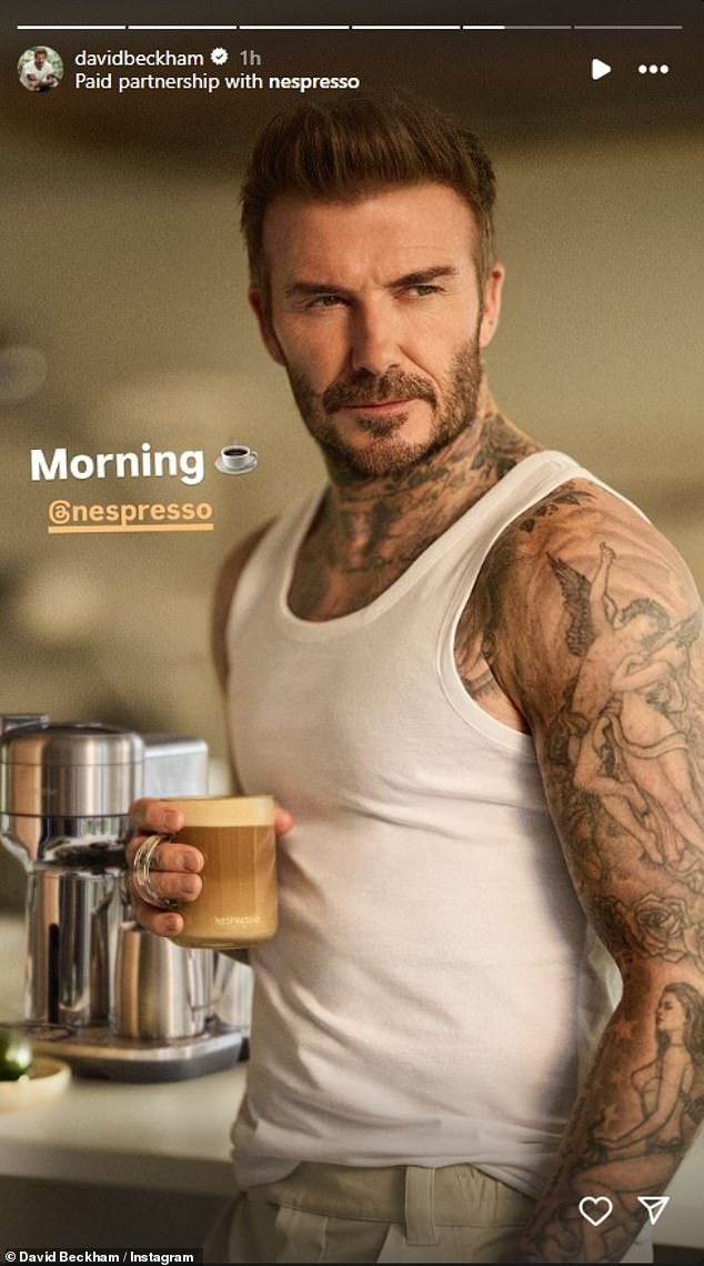 David Beckham, 49, oozed sex appeal as he sipped a cup of coffee while wearing a cardigan in Nespresso's latest ad campaign, which he shared on Instagram on Monday