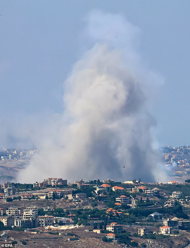 Smoke rises from the site of an Israeli airstrike on southern Lebanese villages, seen from Marjaayoun, south Lebanon, September 25, 2024