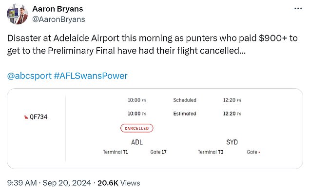 Football fans trying to travel from Adelaide to Sydney were faced with a cancelled flight this morning