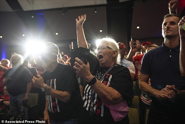 Supporters cheer as former Republican presidential candidate Donald Trump speaks during a campaign event Saturday in Prairie du Chien, Wisconsin