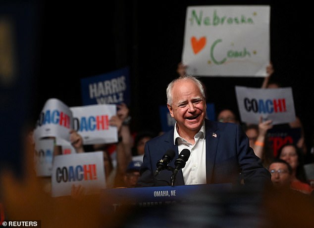 Democratic vice presidential candidate Tim Walz at a campaign rally in Omaha, NE on August 17, 2024. Walz grew up in the state