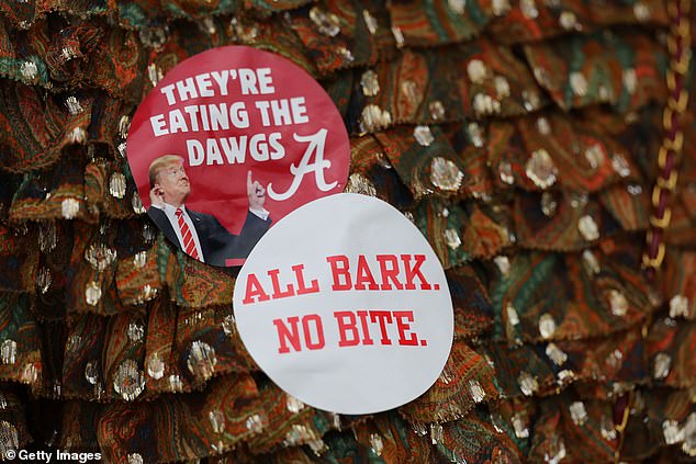 A look at the stickers fans wore during the Alabama Crimson Tide-Georgia Bulldogs game