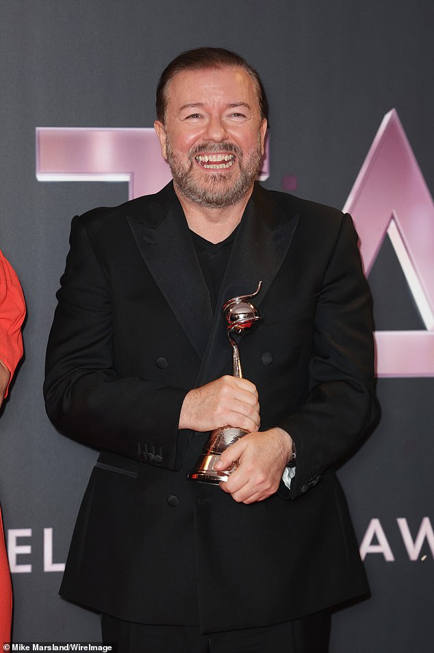 A fellow comedian claims Ricky Gervais' behind-the-scenes banter took a physical toll on his health when they were on tour together (pictured at the 2022 National Television Awards)