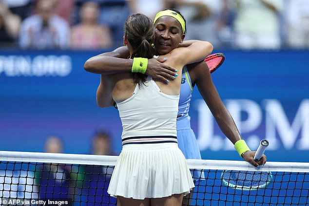 Emma Navarro (left) embraces Coco Gauff after winning their women's singles round of 16