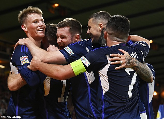 Scots celebrate a goal against Ireland during the previous Nations League campaign in 2022