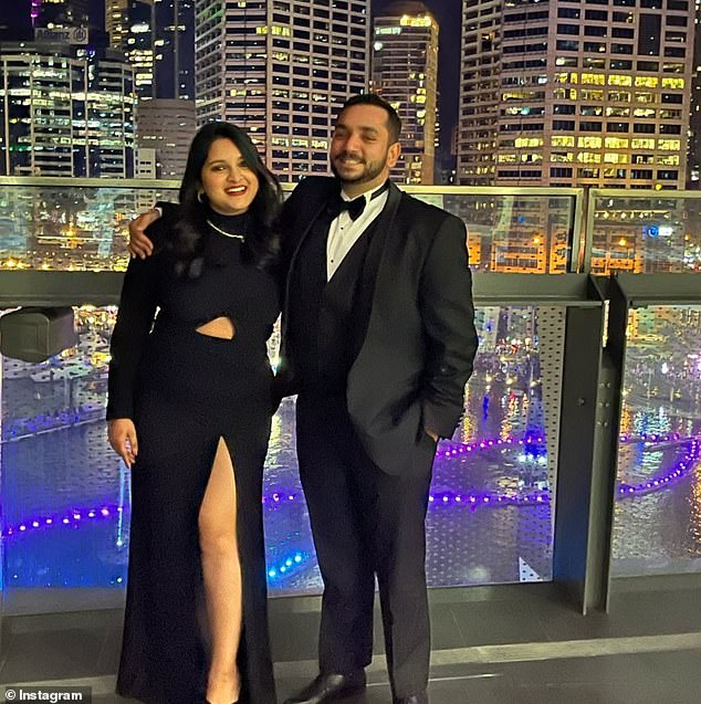 Ms Perayil's death comes after 27-year-old Australian EY employee Aishwarya Venkatachalam (pictured with her husband) plunged to her death from the terrace of the firm's Sydney office building on August 27, 2022.