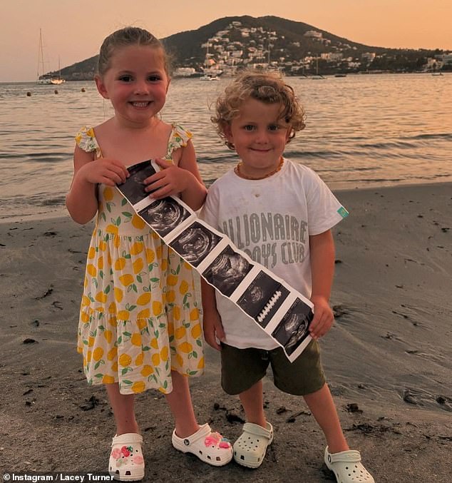 Lacey shared a few photos of herself and her husband Matt Kay holding up a sonogram of their unborn baby, alongside their two children Dusty, five, and Trilby, three.