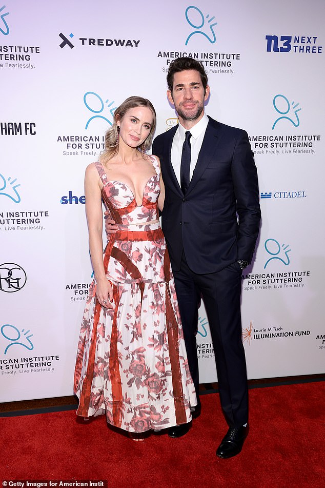 Emily Blunt put on a loving show with her husband John Krasinski as they hit the red carpet for the American Institute for Stuttering's 18th Annual Gala in New York City on Monday