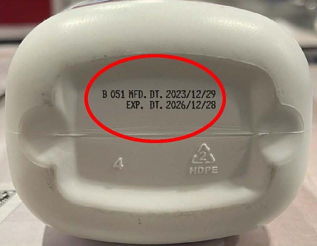 The bottom of the bottles containing the recalled powder has the lot number B051 and the expiration date is December 2026 (pictured above)