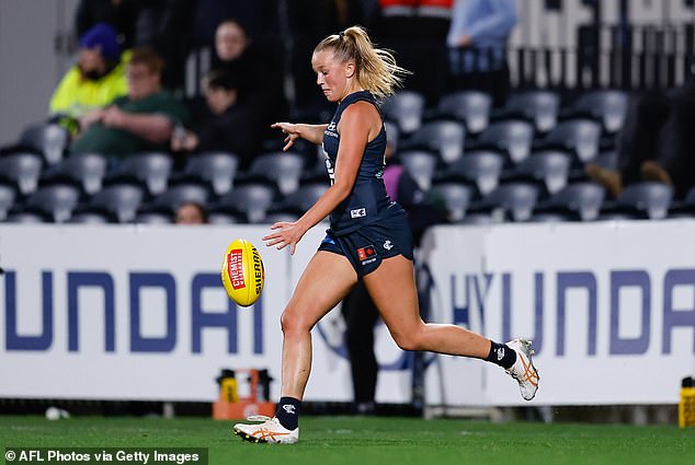 West Coast star Harley Reid was on hand to watch his girlfriend Yasmin Duursma (pictured) make her AFLW debut for Carlton