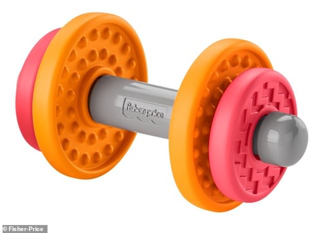 The gray caps on the end of the dumbbells can come loose, posing a choking hazard to children, says Fisher-Price