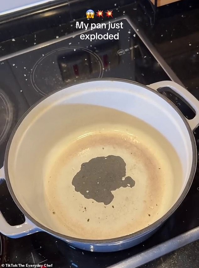 A young woman was planning to record a cooking session and filmed the moment the enamel coating of her cast iron pan exploded on the stove, leaving her shocked