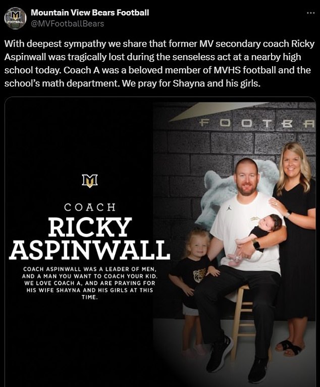 A high school football team has paid tribute to their former coach Ricky Aspinwall, who was killed in a deadly shooting at a Georgia school yesterday.