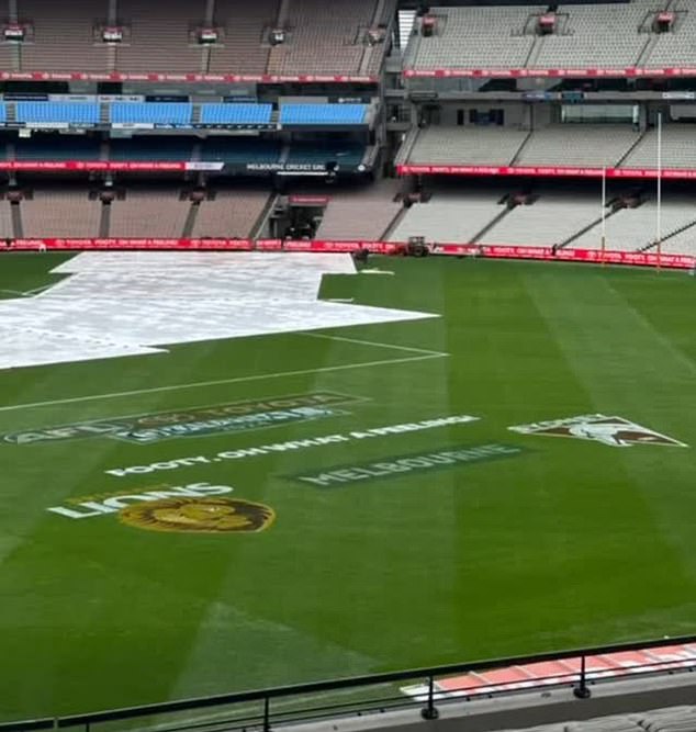 The AFL usually places the home team's logo on the left for the Grand Final, meaning the Brisbane and Sydney symbols will be the wrong way round at the MCG this year (pictured)