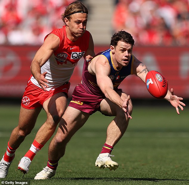 Brisbane midfielder Lachie Neale chases a loose ball early in the first quarter of the AFL Grand Final (pictured)