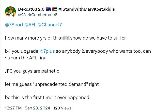 Furious footy fans have lashed out on social media ahead of and during the first quarter of the AFL grand final, claiming the coverage on 7 Plus was not good enough (pictured)