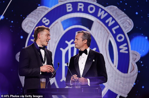 Football fans have criticised Hamish McLachlan (right) after 2024 Brownlow Medal host Patrick Cripps (left) asked a series of questions that all had the same answer