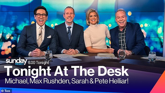 Peter Helliar made a surprise return to The Sunday Project this weekend. The comedian, who made a sensational exit from the current affairs series in 2022, appeared at the station alongside Michael Hing, Max Rushden and Sarah Harris. All pictured