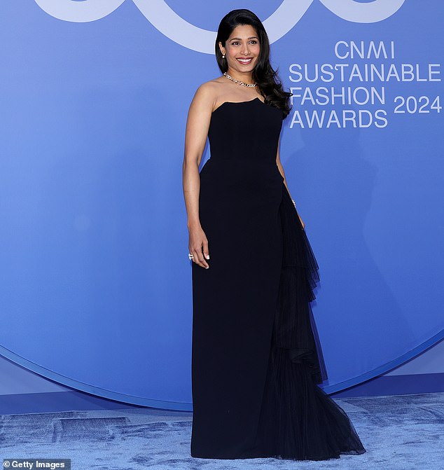 Freida Pinto looked radiant at the 2024 Sustainable Fashion Awards in Italy on Sunday in a long black evening dress