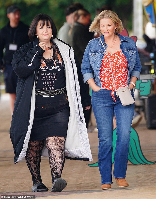 Gavin And Stacey's Ruth Jones, aka Nessa (left), continued filming alongside Joanna Page, who plays Stacey (right) for the 2024 Christmas special in Barry Island on Wednesday