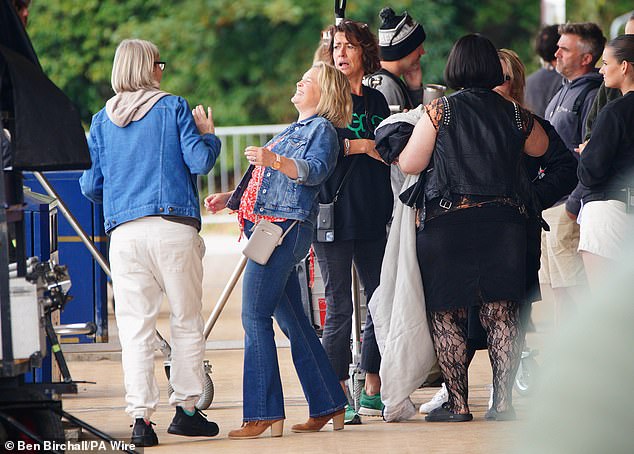 Joanna (centre) was seen bursting out laughing on set as she filmed scenes with co-star Ruth on Barry Island