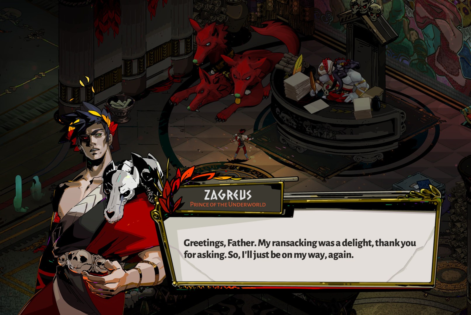 Zagreus speaks to his father in a screenshot from Hades