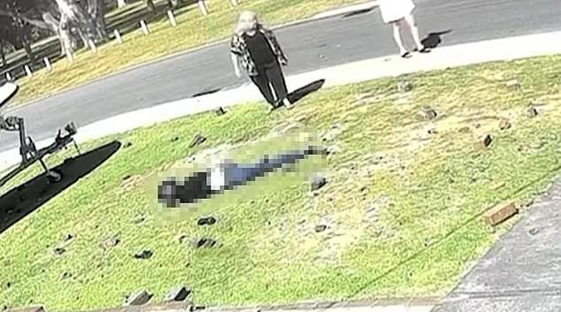 Terrifying CCTV footage captured the moment Ashlee Giacomini landed on the side of her body as she lay motionless on the grass after the horrific crash (pictured)