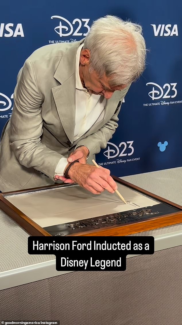 During the ceremony, Ford left his handprints in cement, though fans noted that he struggled to write his name next to them