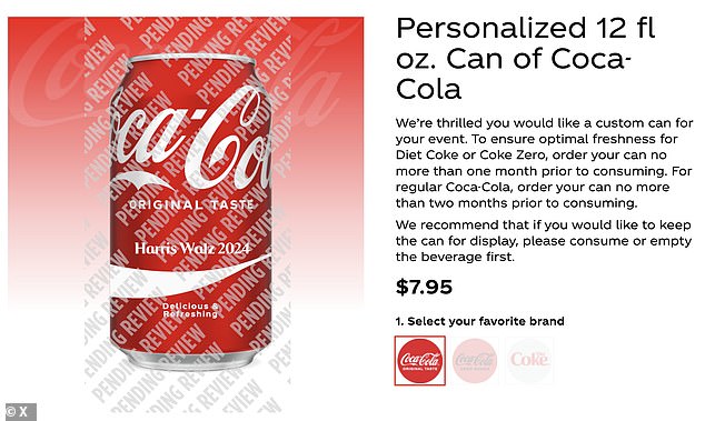 Coca-Cola faced criticism after fans claimed it allowed customers to personalize cans with 'Harris Walz 2024' but 'Trump 2024' appeared to be banned