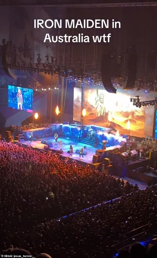 Footage of heavy metal band Iron Maiden performing in Australia has gone viral after the concert was labelled a 'snooze fest'. Thousands of metalheads packed Perth's RAC Arena but barely got in on the raucous set