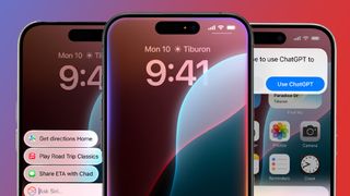 Three iPhones on a blue and red background with Apple Intelligence