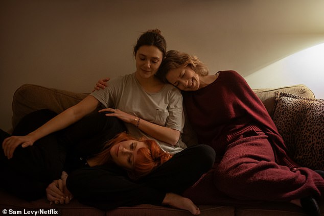 Natasha Lyone as Rachel, Elizabeth Olsen as Christina (center) and Carrie Koon as Katie in His Three Daughters