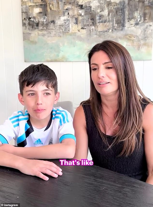 Ada Nicodemou, 47, (right) left her son Johnas, 12, (left) red-faced on Sunday as she attempted to teach Gen Z slang in a 'cringe' video