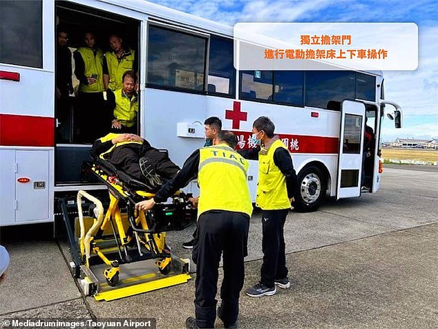 Two crew members and five passengers were injured during turbulence on the Turkish Airlines flight to Taipei on September 5. Two of the 214 passengers were taken to hospital (one in the photo above) for further treatment.