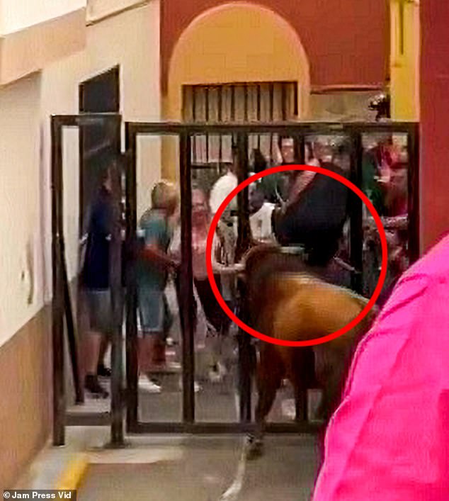 The man was then held in the air for several seconds before the bull threw him to the ground in front of shocked bystanders.