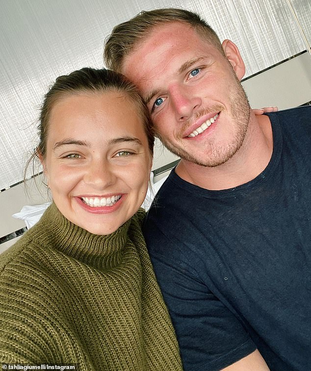 Burgess made his NRL debut for the Rabbitohs in 2013 and will finish with 249 appearances to his name (pictured, with wife Tahlia Giumelli)